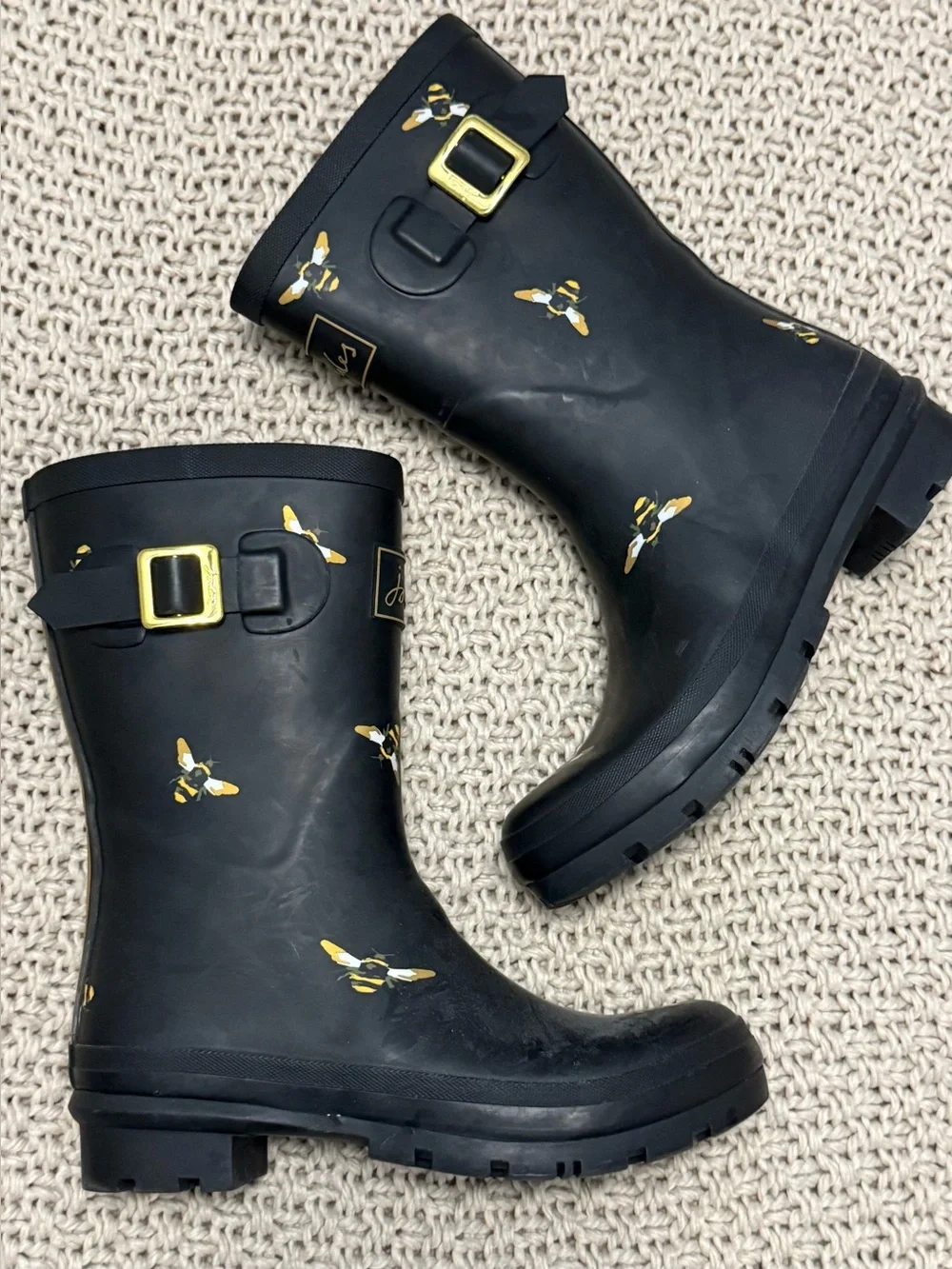 Joules Black Rain Boots with Yellow Bee Print - Size 6